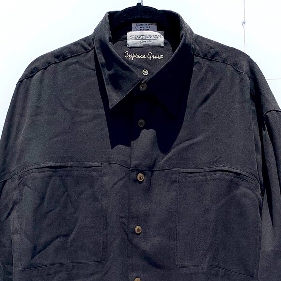 VTG Men’s Cypress Grove 100% Silk Long Sleeve Button Down Shirt, Black XXL - Picture 1 of 8